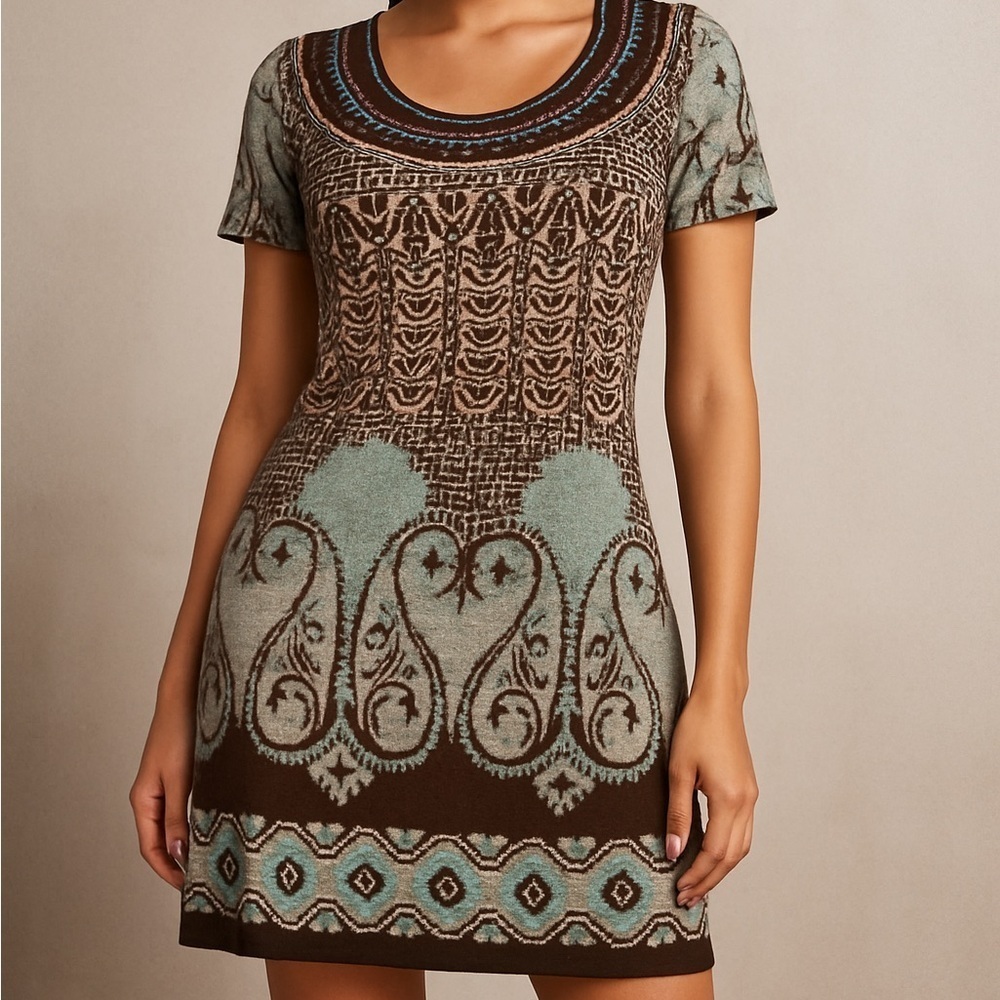 Papillon Boho Paisley Knit Brown Teal Floral Sweater Dress Eclectic Grandpa M - Picture 16 of 16
